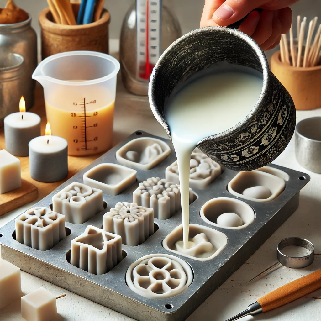 DALL·E 2024-08-15 16.31.56 - A close-up image of candle-making molds being used to create artisanal candles. The molds are of various shapes, including round, square, and novelty